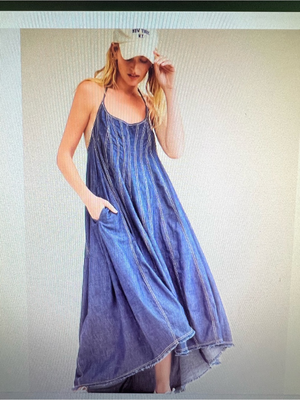 Free People Denim Dreams Midi Dress Chambray tie shoulder XS